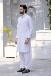Stitched Signature Logo Shalwar Kameez With Golden Buttons for Men - Off White